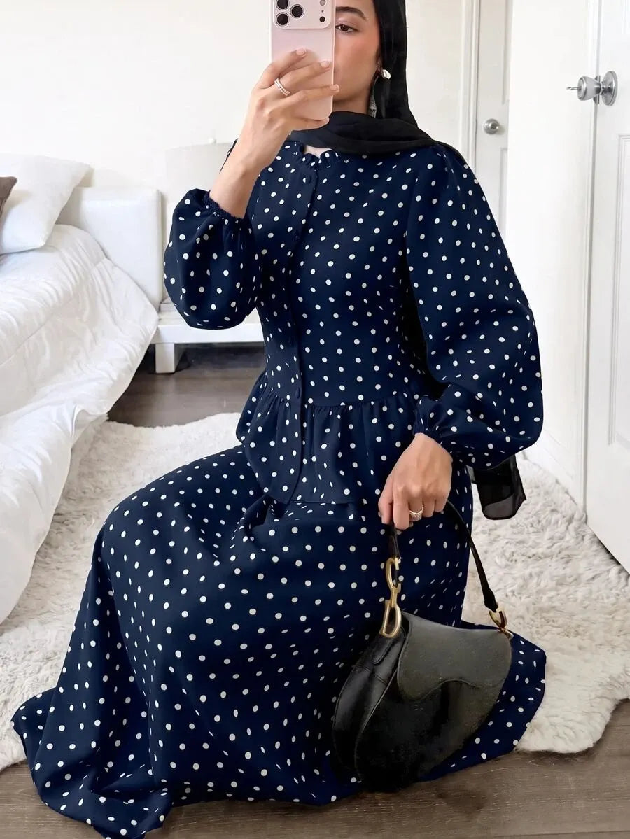 SHEIN Solavon طقم نسائي قطعتين بلوزة وتنورة طويلة بنقشة بولكا دوت بلون أزرق بحري