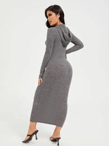 SHEIN SXY فستان محبوك طويل ضيق بغطاء رأس ورباط أمامي بلون رمادي