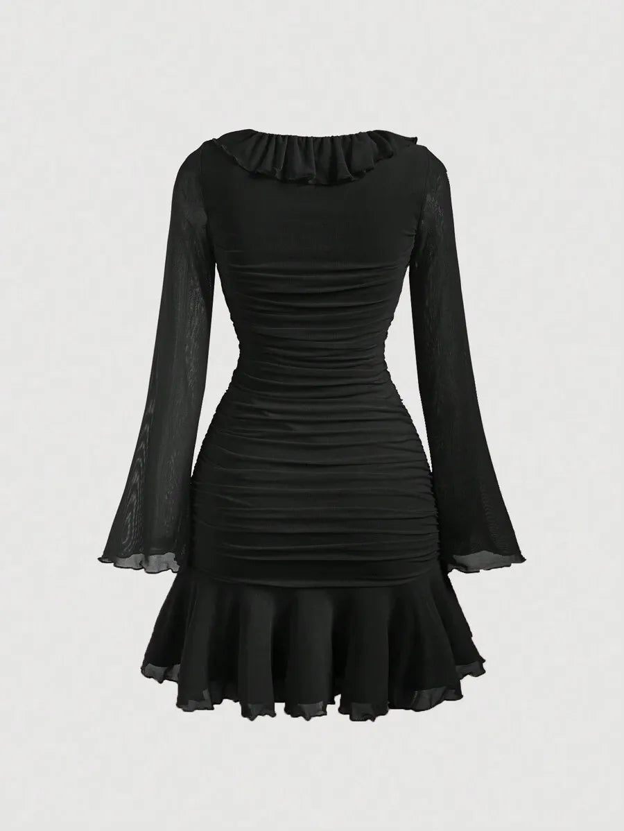 SHEIN MOD فستان نسائي قصير بياقة وأكمام واسعة وتفاصيل كشكش بلون أسود