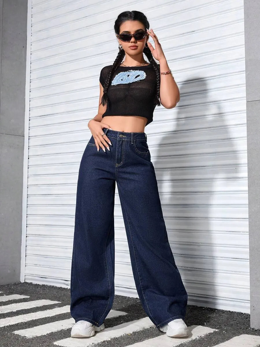 SHEIN PETITE بنطلون جينز فضفاض بخصر عالٍ بلون أزرق داكن