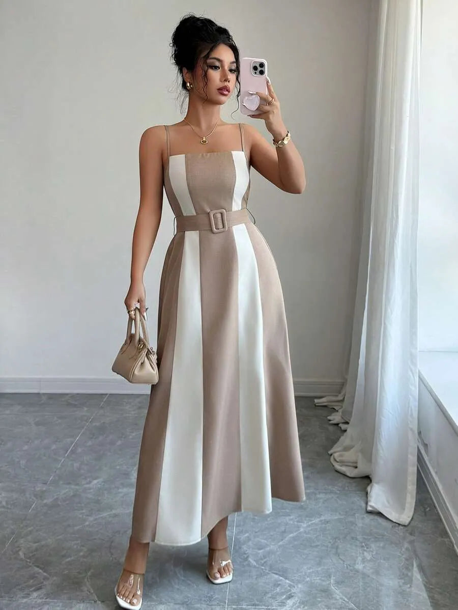 SHEIN Elenzga فستان ميدي بحمالات رفيعة وخصر مرتفع وخطوط ملونة بلون مشمشي