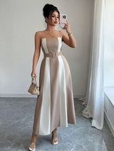 SHEIN Elenzga فستان ميدي بحمالات رفيعة وخصر مرتفع وخطوط ملونة بلون مشمشي