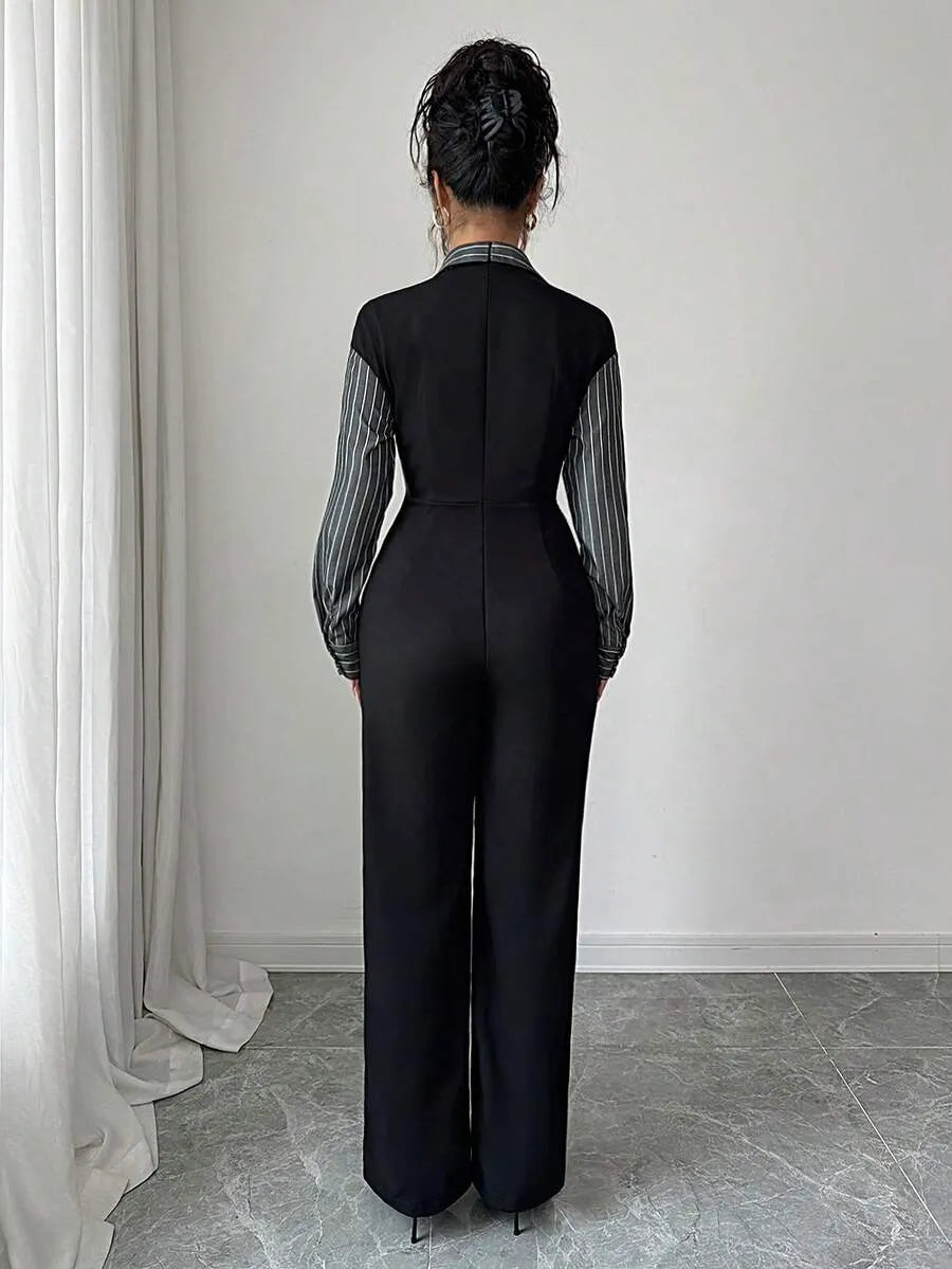 SHEIN جمبسوت نسائي طويل الأكمام بياقة وسحاب بلون الأسود