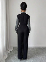 SHEIN جمبسوت نسائي طويل الأكمام بياقة وسحاب بلون الأسود
