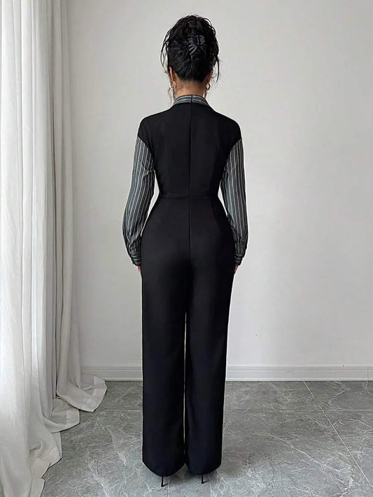 SHEIN جمبسوت نسائي طويل الأكمام بياقة وسحاب بلون الأسود