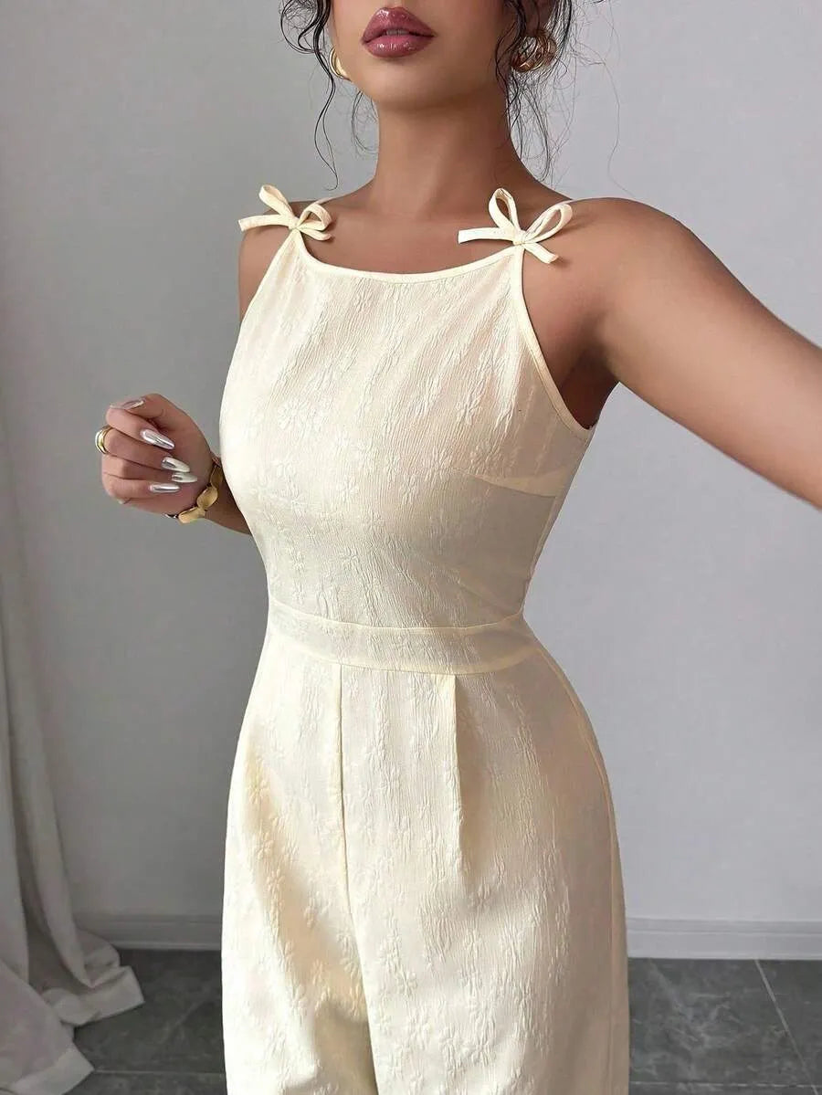 SHEIN Elenzga جمبسوت أنيقة للنساء مزينة بفيونكة على الكتف من قماش الجاكار من