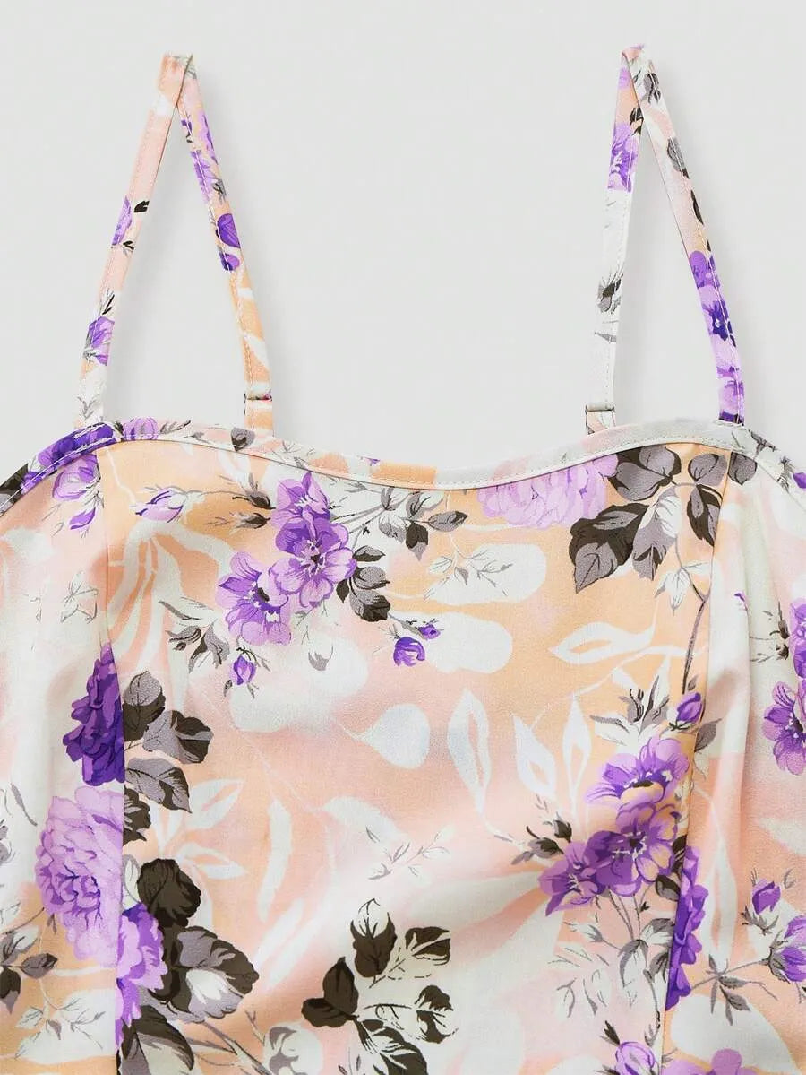 SHEIN طقم فستان بطبعة زهور مع كارديجان محبوك بلون أرجواني