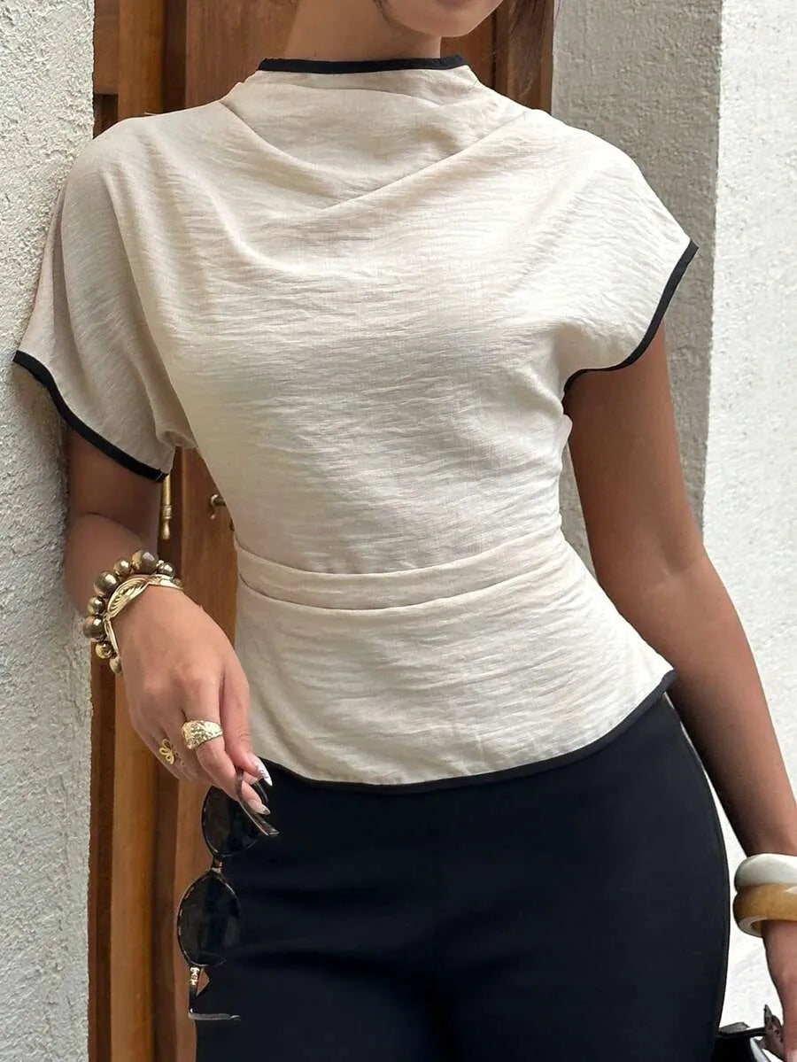 SHEIN Siren Gaze بلوزة نسائية أنيقة بياقة منسدلة وأطراف متباين