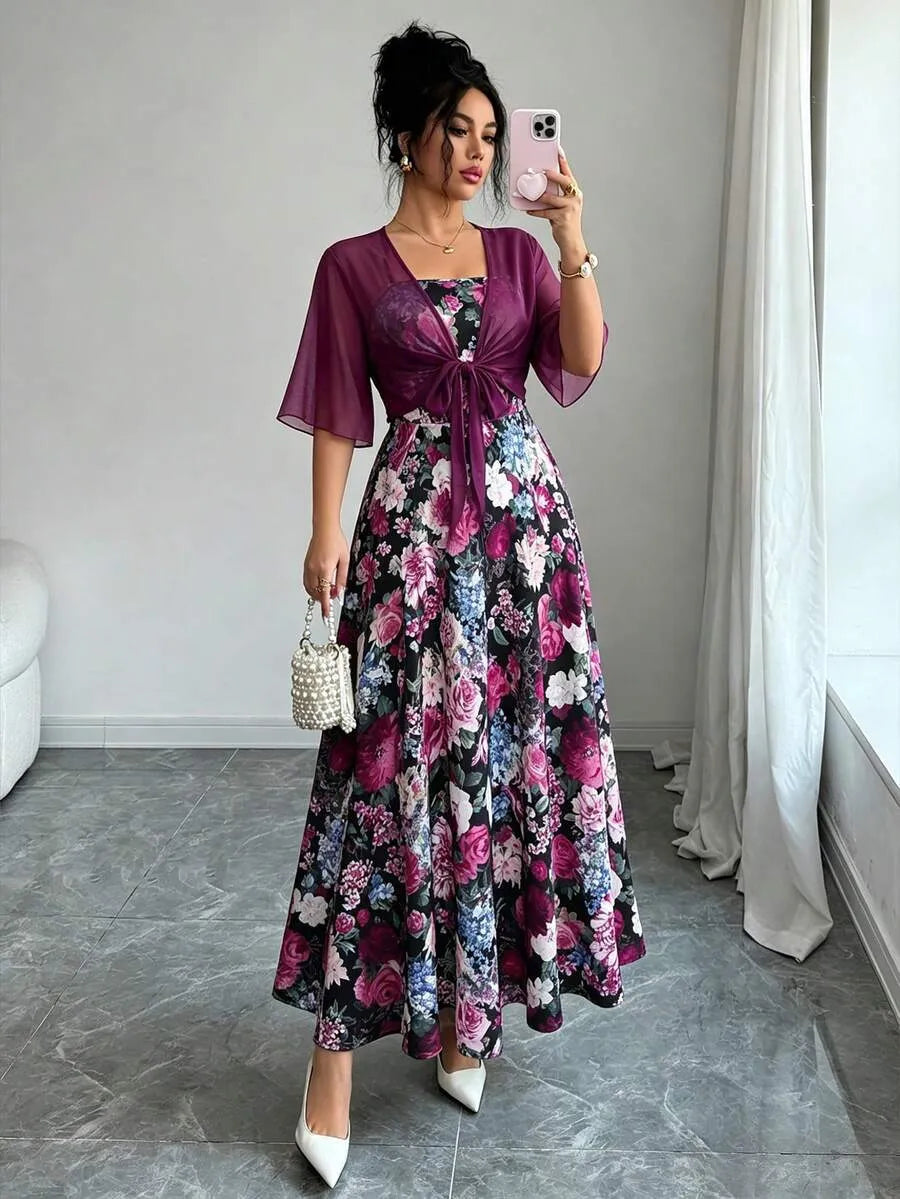 SHEIN طقم فستان وجاكيت شيفون بطبعة زهور صغيرة بلون أرجواني
