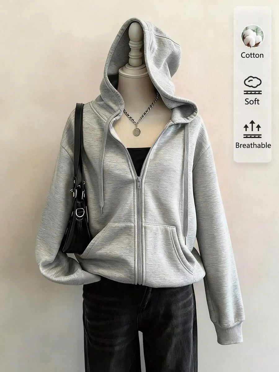 SHEIN Attitoon هودي نسائي فضفاض بسحاب بلون رمادي