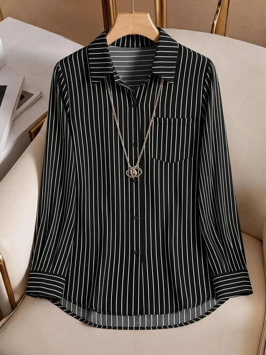 SHEIN قميص نسائي مخطط بأزرار وجيوب وأكمام طويلة بلون الأسود