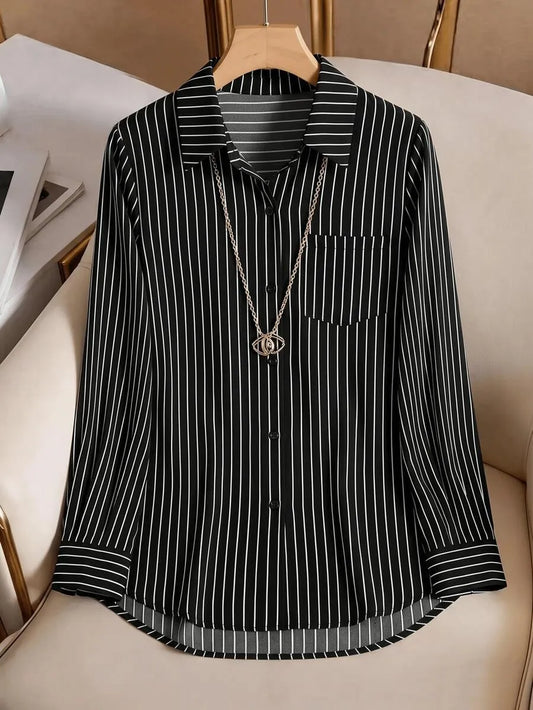 SHEIN قميص نسائي مخطط بأزرار وجيوب وأكمام طويلة بلون الأسود