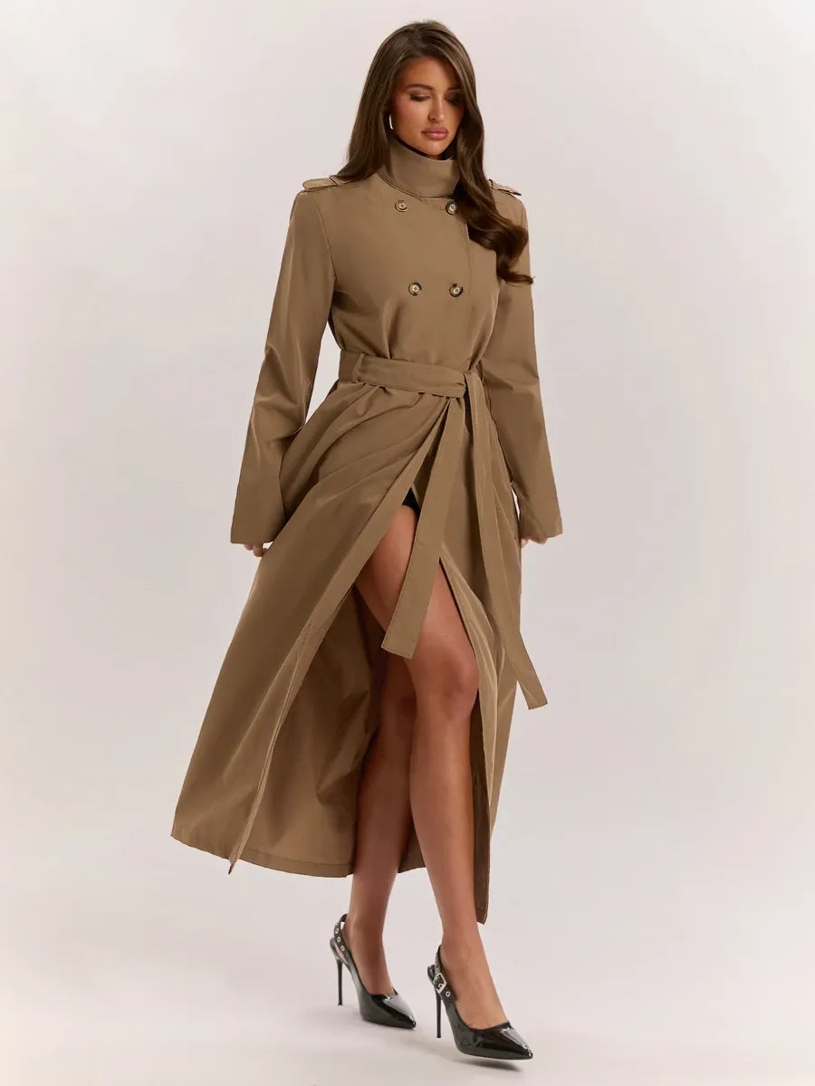 SHEIN BAE معطف طويل مزدوج الصدر بحزام وجيوب بلون كاكي