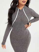 SHEIN SXY فستان محبوك طويل ضيق بغطاء رأس ورباط أمامي بلون رمادي