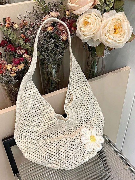 SHEIN حقيبة شاطئ قطن محبوكة بدون بطانة – بيج