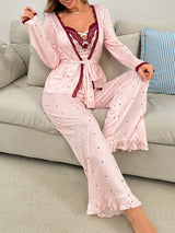 SHEIN Snug Zone مجموعة بيجامة 3 قطع بنقشة نقاط وبنطلون وروب بحزام