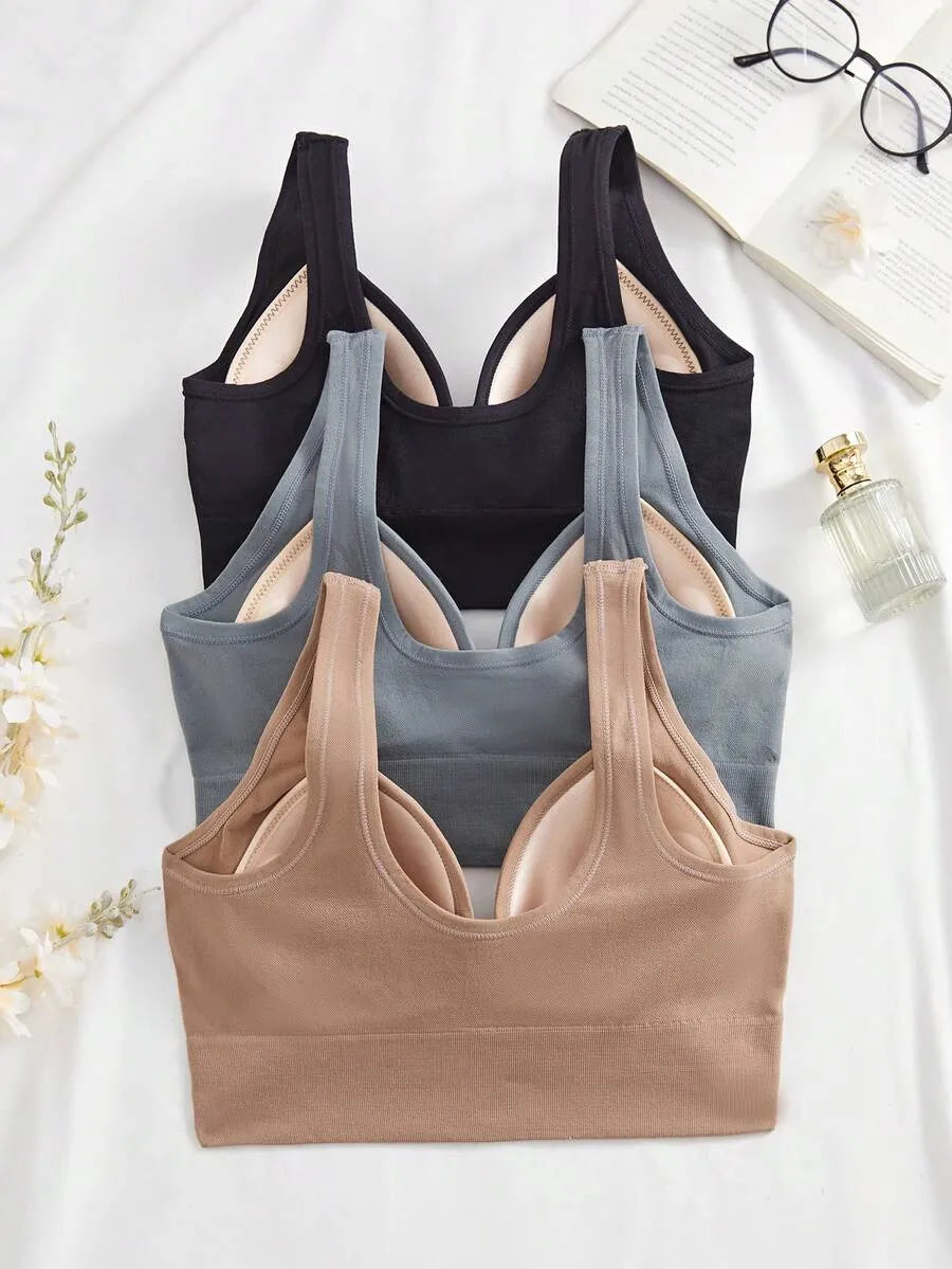 SHEIN طقم 3 حمالات صدر نسائية بدون سلك أو خياطة بظهر مكشوف وحشوة ثابتة، متعدد الألوان