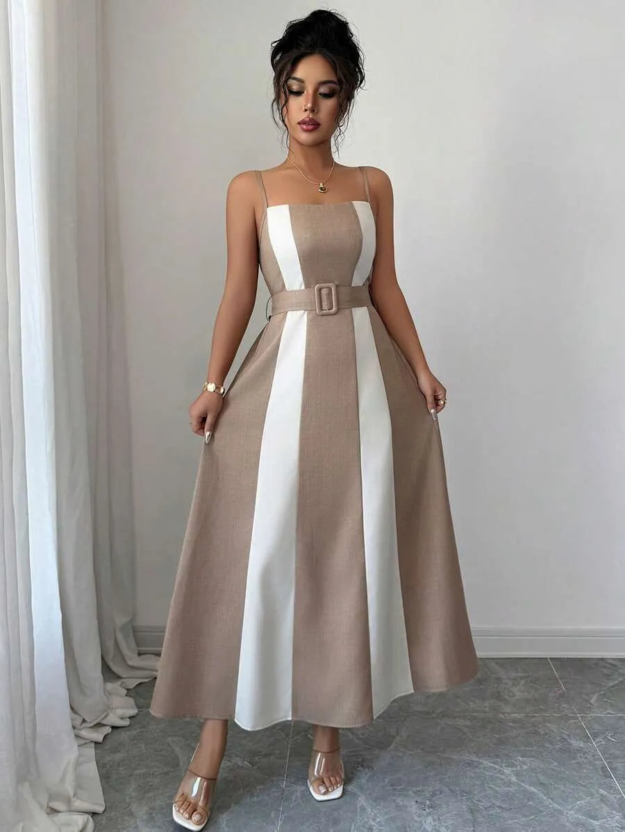 SHEIN Elenzga فستان ميدي بحمالات رفيعة وخصر مرتفع وخطوط ملونة بلون مشمشي