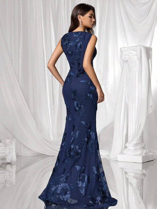 SHEIN Coutiva فستان سهرة أزرق بتطريز ثلاثي الأبعاد
