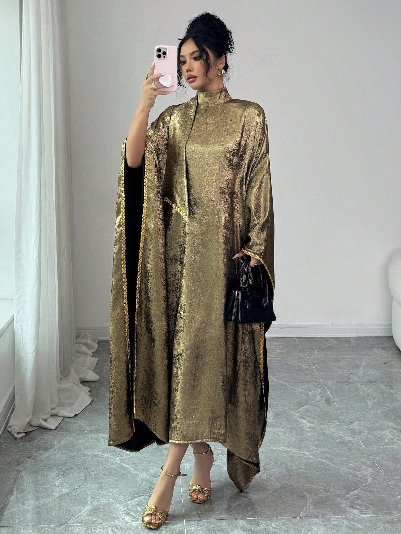 SHEIN Raffinéa فستان نسائي أنيق بياقة عالية وشريط ذهبي