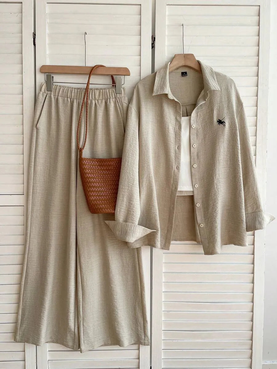 SHEIN EZwear بدلة كاجوال للنساء تتكون من قميص طويل الأكمام مطرز منسوج و بنطلون