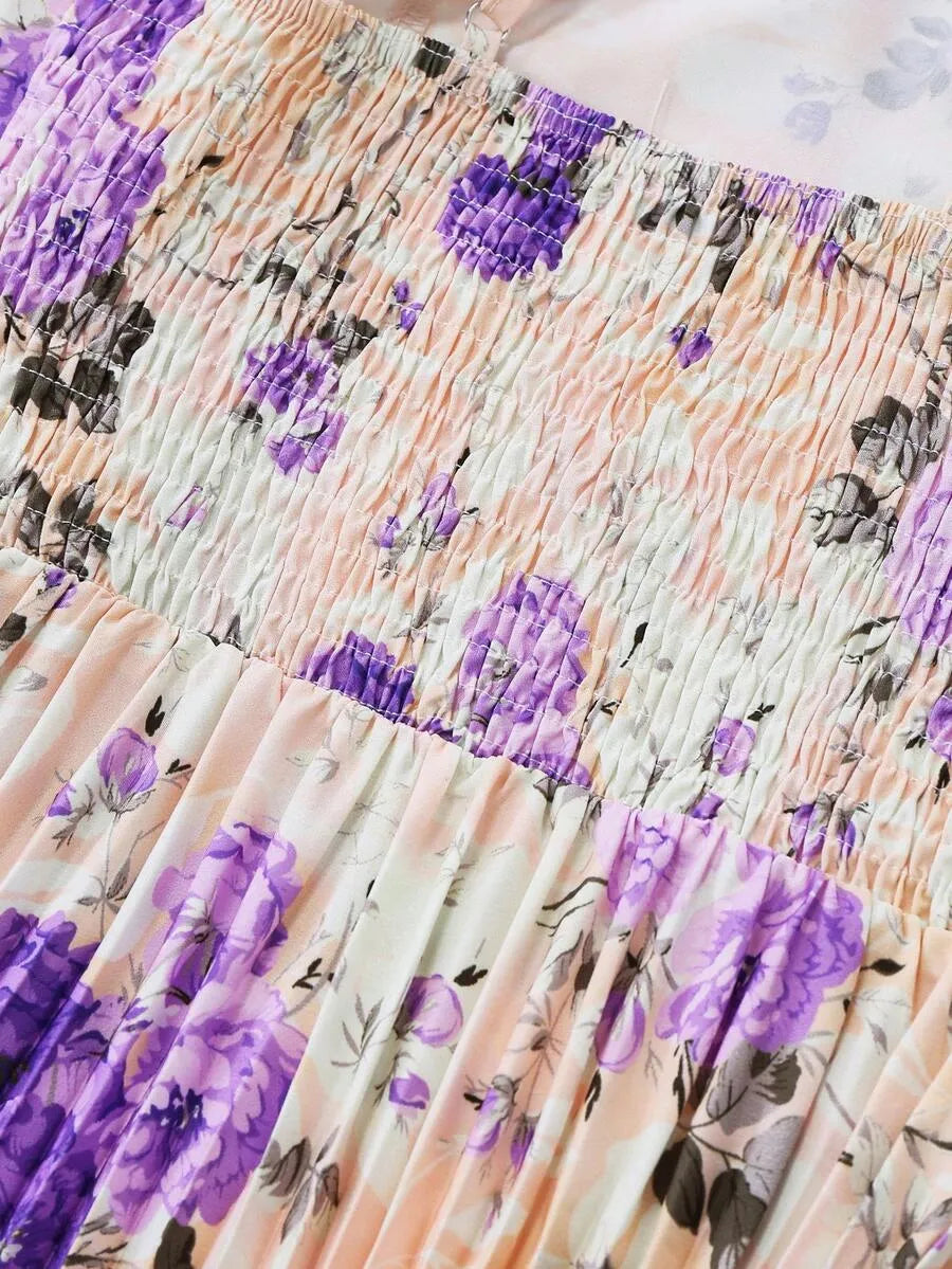 SHEIN طقم فستان بطبعة زهور مع كارديجان محبوك بلون أرجواني