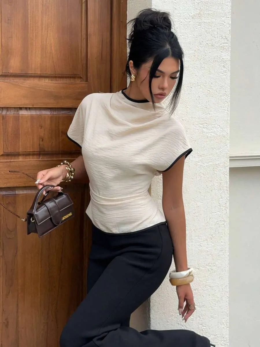SHEIN Siren Gaze بلوزة نسائية أنيقة بياقة منسدلة وأطراف متباين