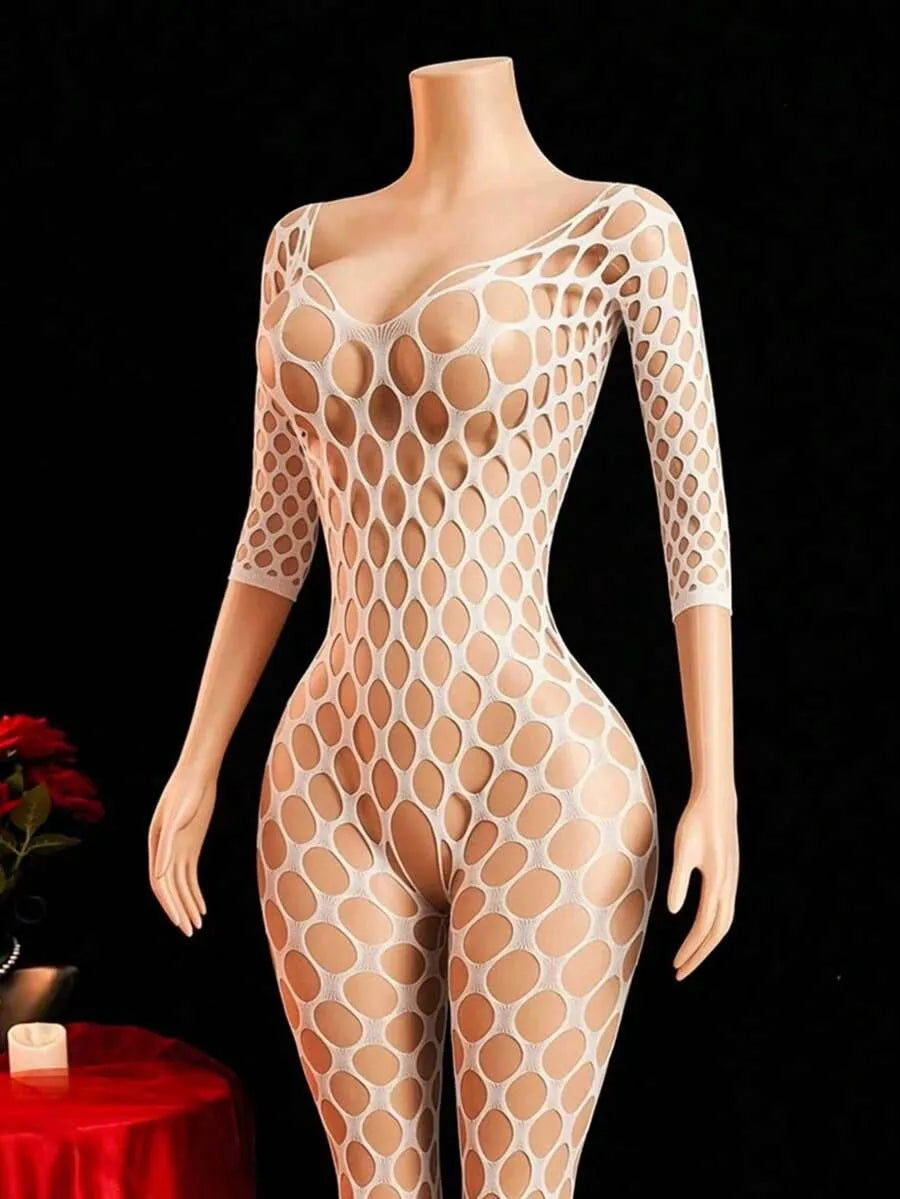 SHEIN ChaseTheNight بودي نسائي شبكي مفرغ وشفاف بحمالات رفيعة بلون أبيض