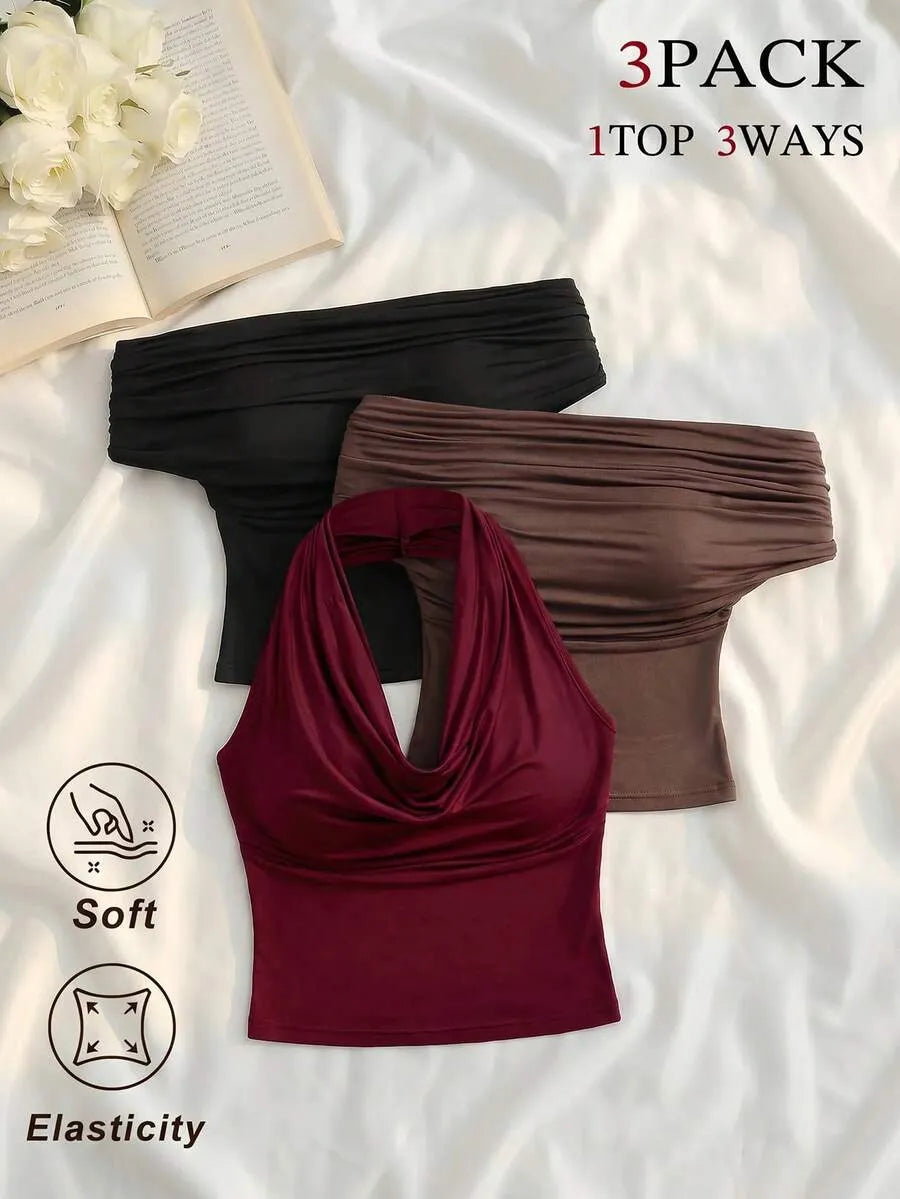SHEIN MOD طقم 3 توبات نسائية بدون أكمام بكتف مكشوف وثنيات متعدد الألوان