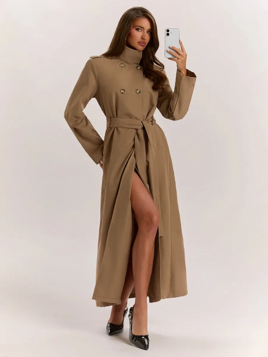SHEIN BAE معطف طويل مزدوج الصدر بحزام وجيوب بلون كاكي