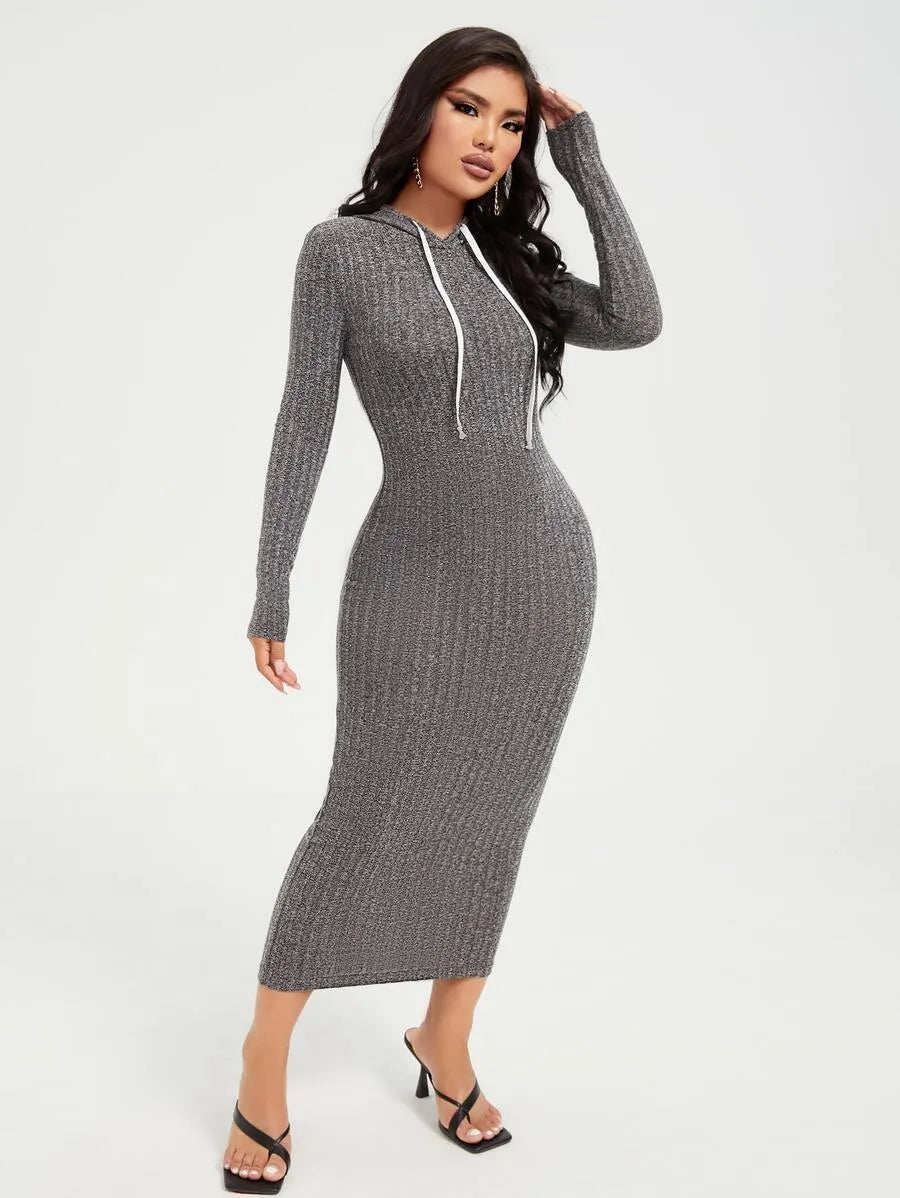 SHEIN SXY فستان محبوك طويل ضيق بغطاء رأس ورباط أمامي بلون رمادي