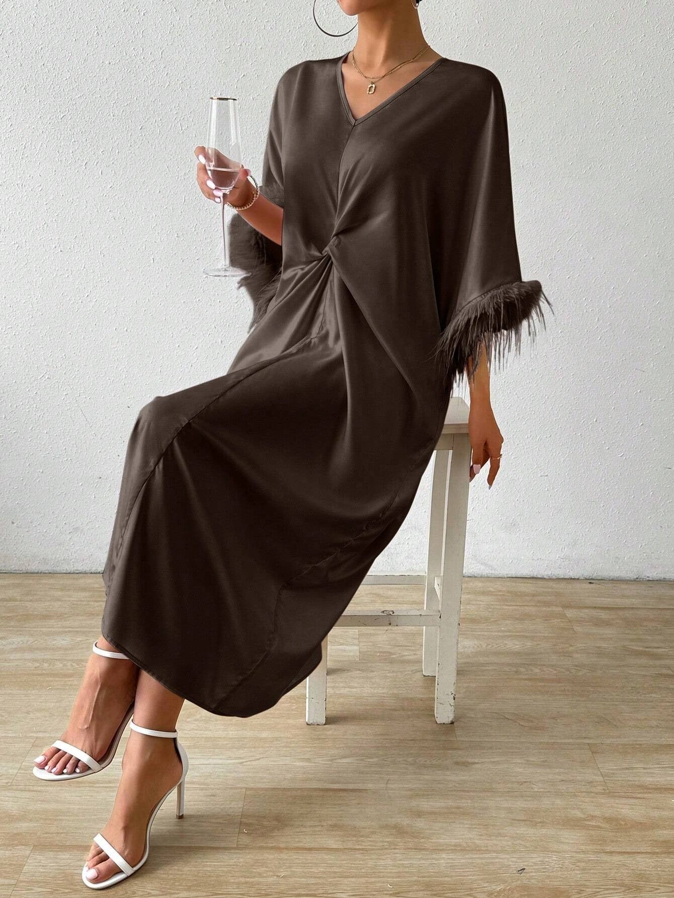 SHEIN RosyDaze فستان ماكسي طويل للنساء بأكمام خفاش باتش وورك