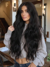 SHEIN باروكة شعر أسود طويلة 28 بوصة مموج وكيرلي مقاومة للحرارة