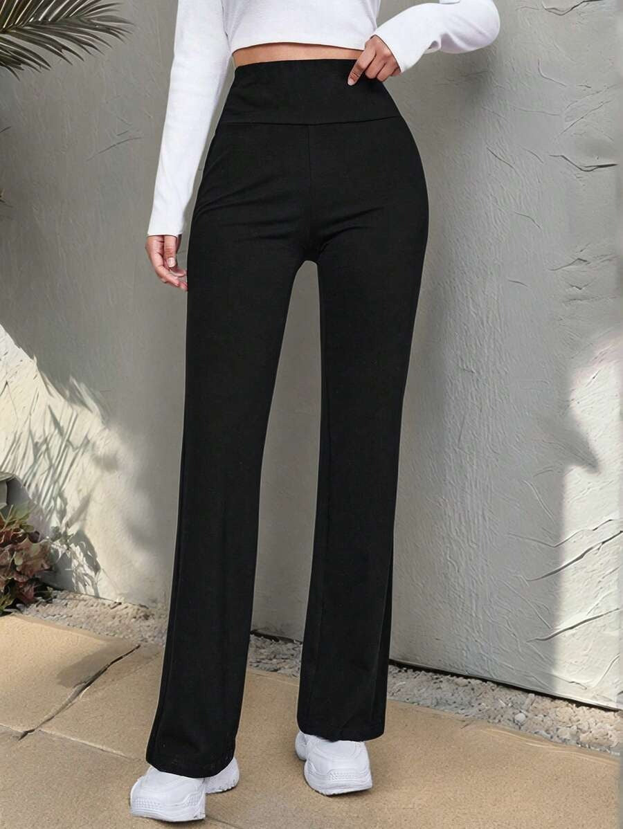 SHEIN EZwear بنطلون فلير بلون أسود بخصر عالي