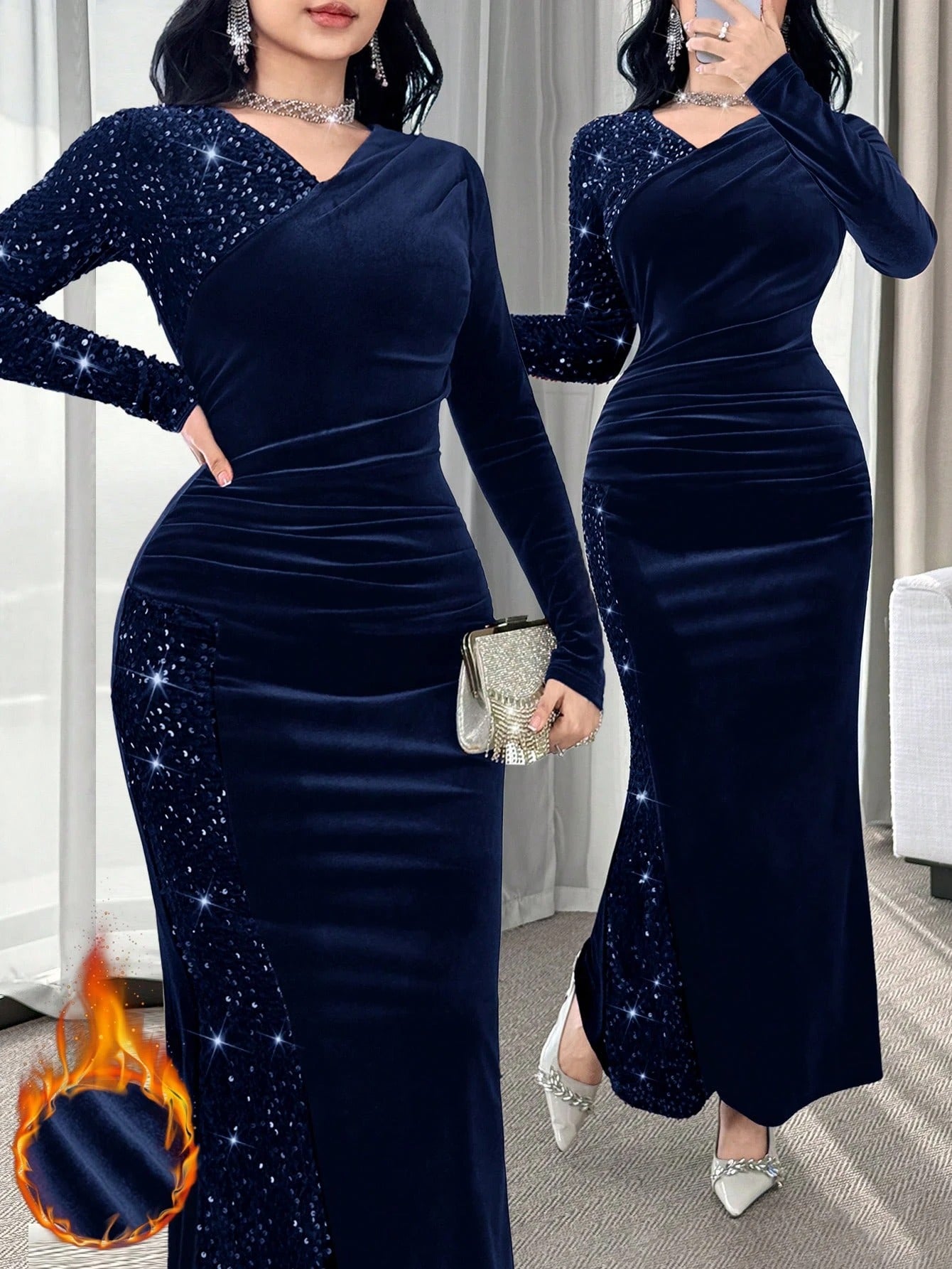 SHEIN Modelyn فستان أزرق مرصع بالترتر بخصر ضيق وذيل سمكة