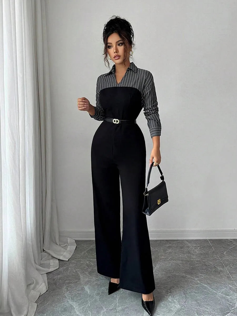 SHEIN جمبسوت نسائي طويل الأكمام بياقة وسحاب بلون الأسود