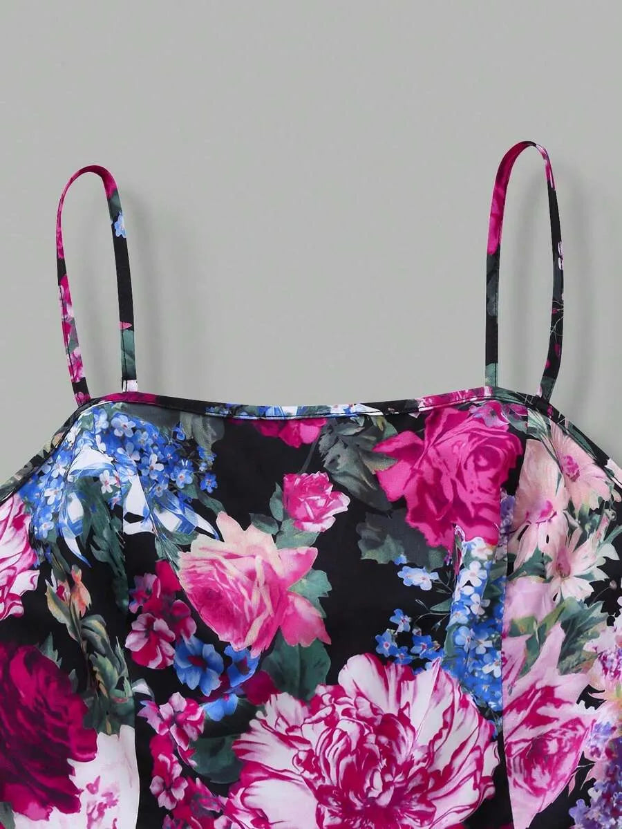 SHEIN طقم فستان وجاكيت شيفون بطبعة زهور صغيرة بلون أرجواني