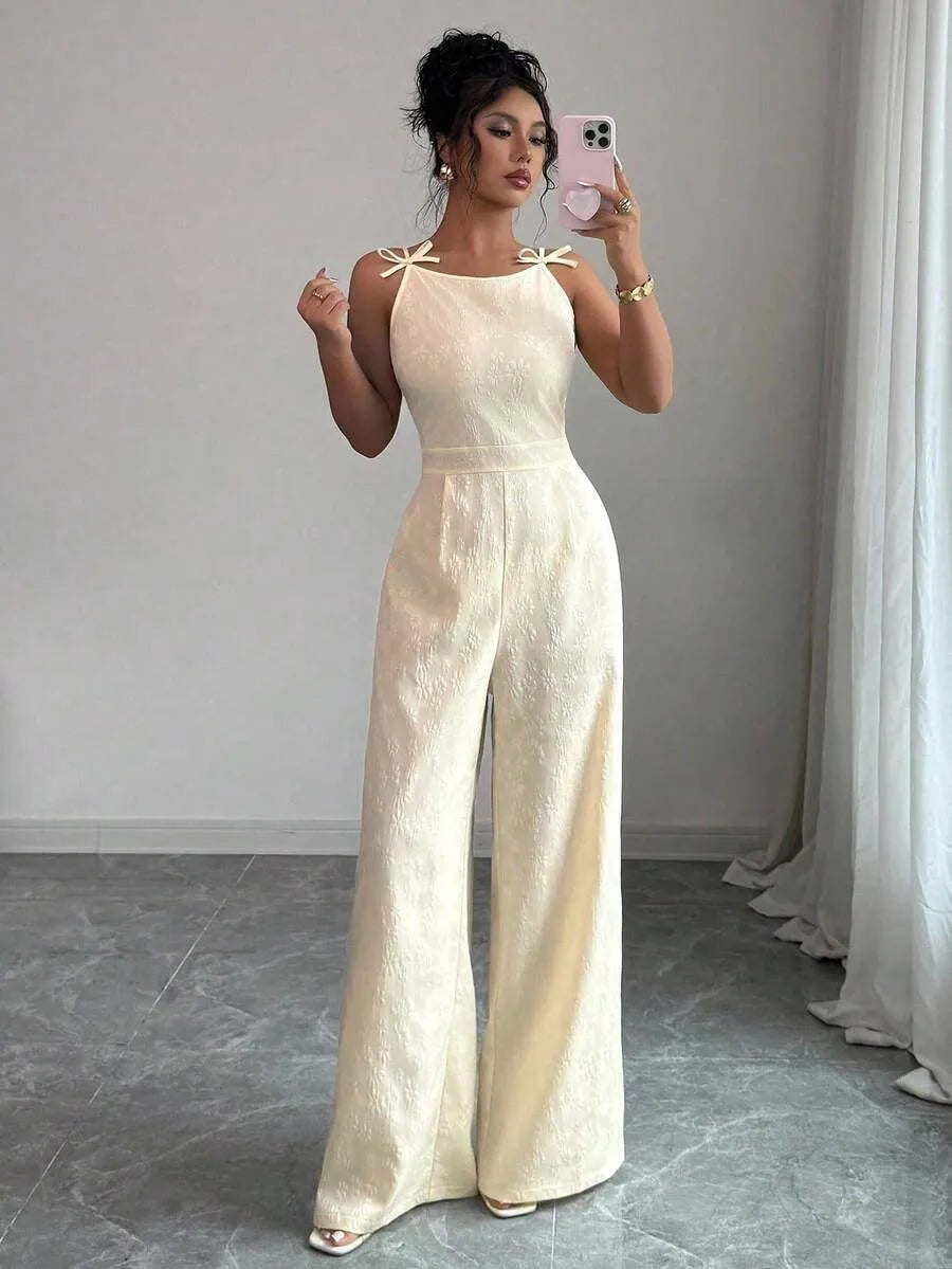 SHEIN Elenzga جمبسوت أنيقة للنساء مزينة بفيونكة على الكتف من قماش الجاكار من
