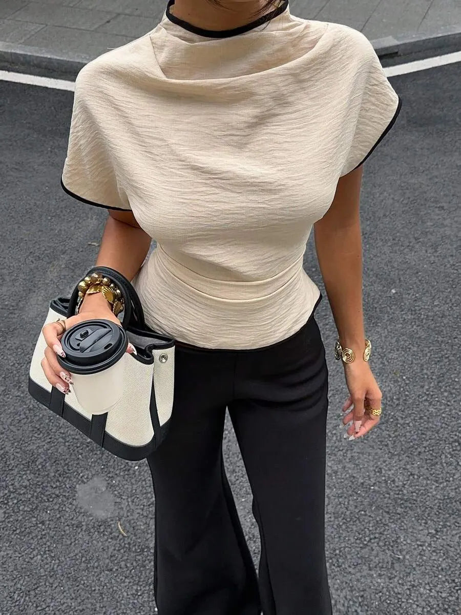SHEIN Siren Gaze بلوزة نسائية أنيقة بياقة منسدلة وأطراف متباين