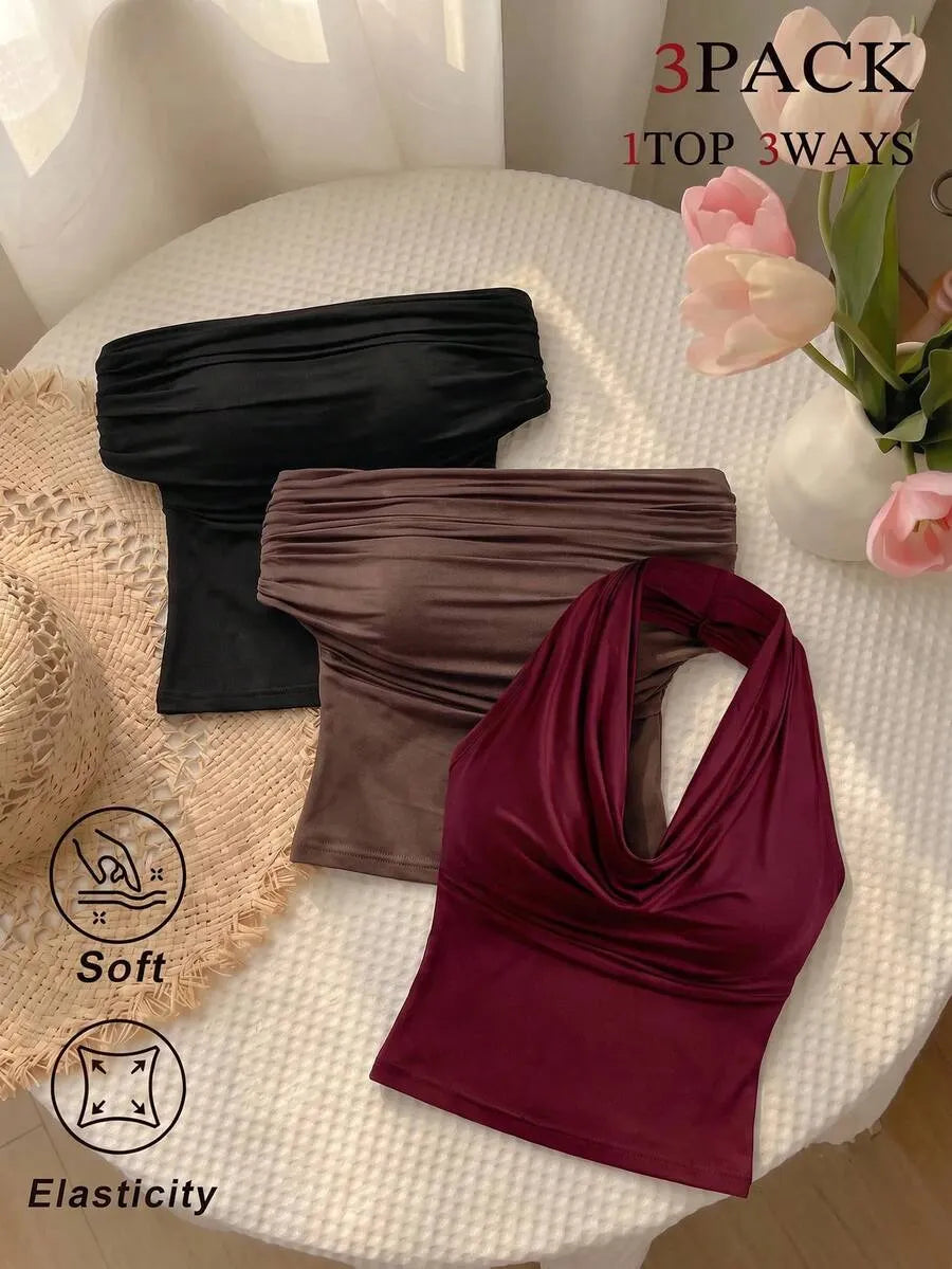 SHEIN MOD طقم 3 توبات نسائية بدون أكمام بكتف مكشوف وثنيات متعدد الألوان