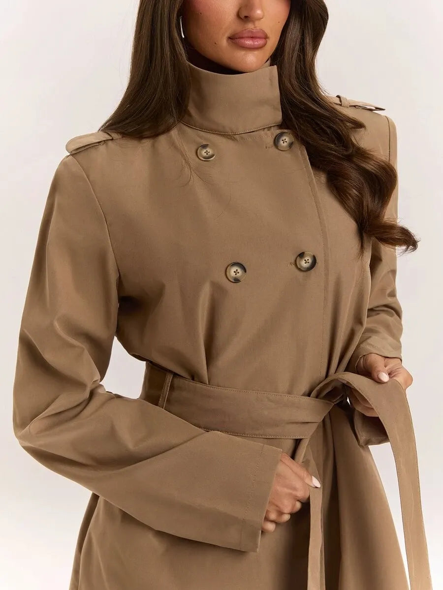 SHEIN BAE معطف طويل مزدوج الصدر بحزام وجيوب بلون كاكي