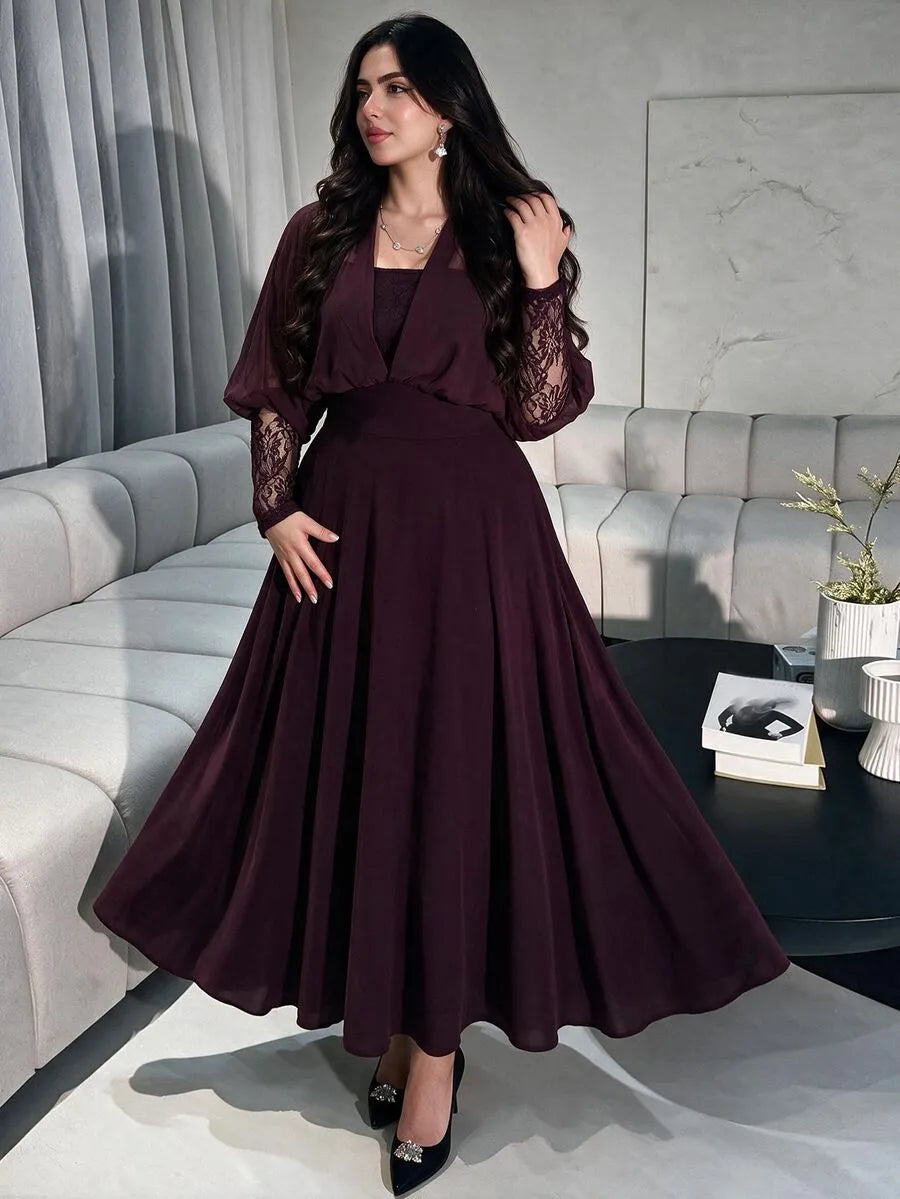 SHEIN Modelyn فستان نسائي بياقة وأكمام دانتيل بلون أحمر بنفسجي