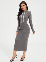 SHEIN SXY فستان محبوك طويل ضيق بغطاء رأس ورباط أمامي بلون رمادي