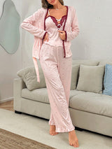SHEIN Snug Zone مجموعة بيجامة 3 قطع بنقشة نقاط وبنطلون وروب بحزام