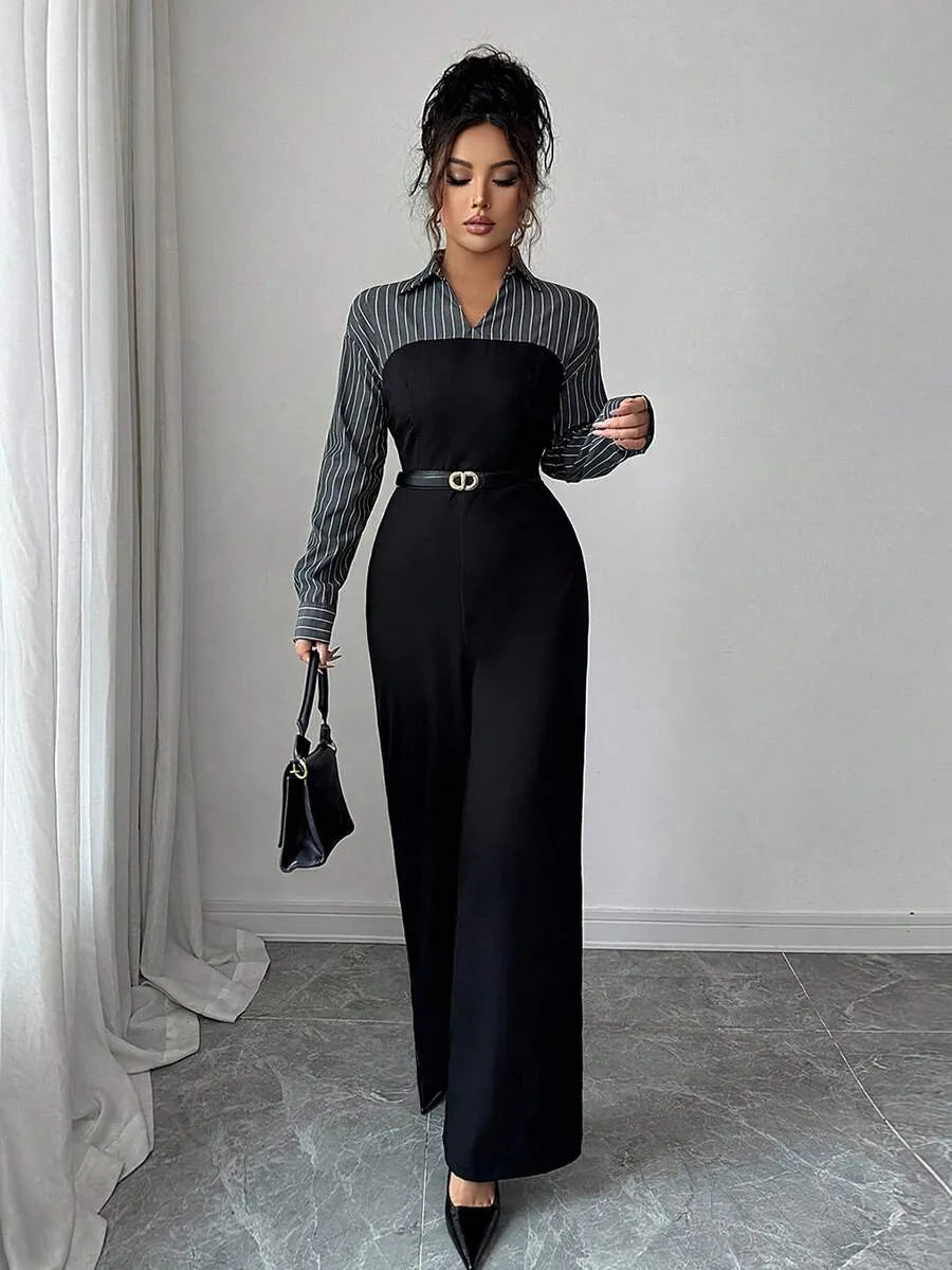 SHEIN جمبسوت نسائي طويل الأكمام بياقة وسحاب بلون الأسود