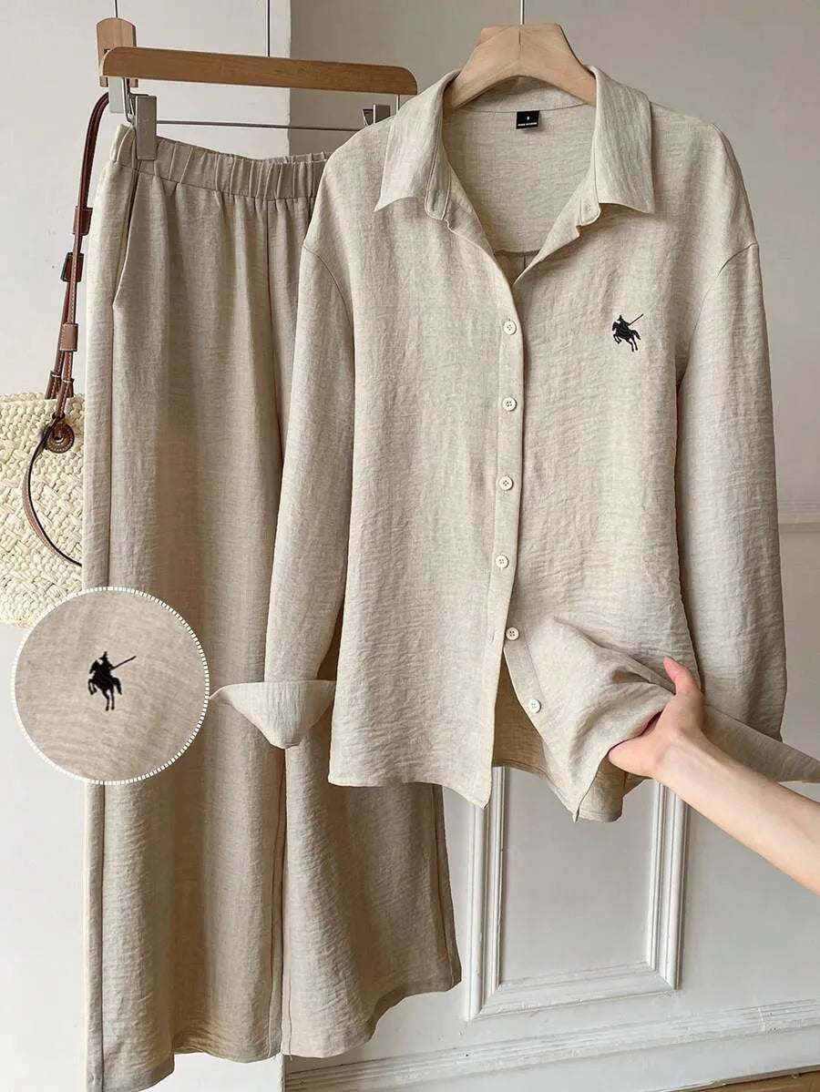 SHEIN EZwear بدلة كاجوال للنساء تتكون من قميص طويل الأكمام مطرز منسوج و بنطلون