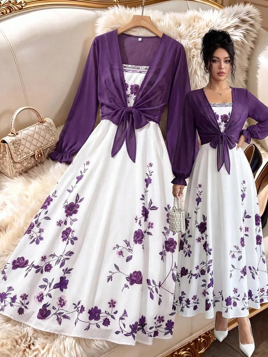 SHEIN طقم فستان كامي بطبعة أوركيد مع كارديجان شيفون بكشكشة بلون أرجواني