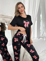 SHEIN طقم بيجامة نسائي علوية كم قصير مطبوع بربطة عنق وبنطال طويل