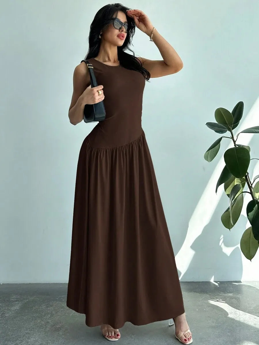 SHEIN Firerie فستان طويل بدون أكمام بطول الأرض بلون بني قهوة