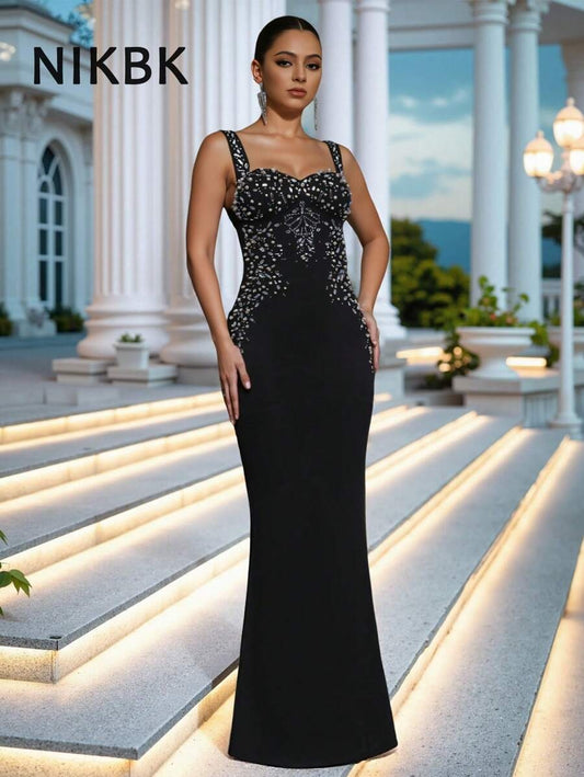 SHEIN NIKBK فستان أسود طويل مزين بالراينستون
